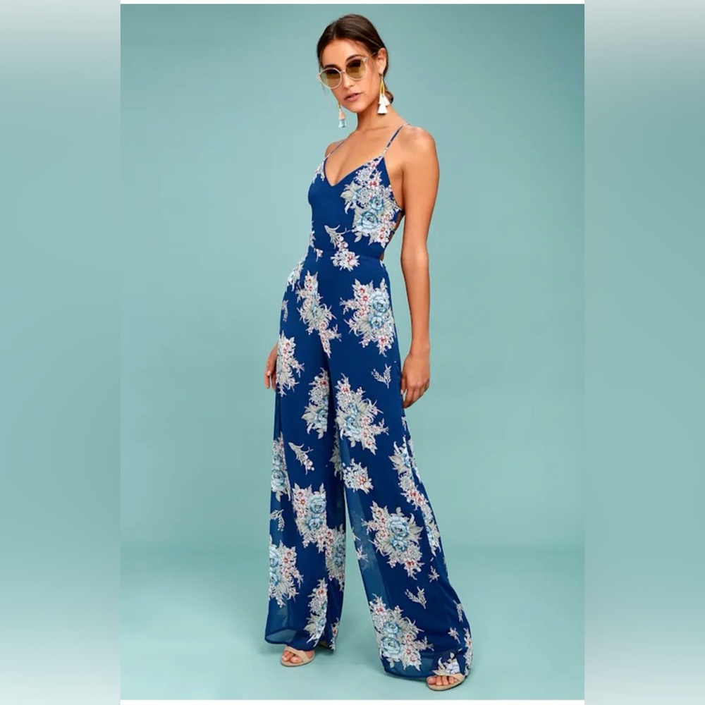 Lulus Shea Navy Blue Floral Print Jumpsuit NWT